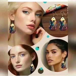 Southwestern collection stained glass printed tear drop pendant earrings